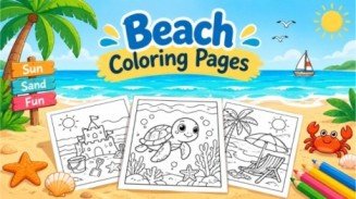 Beach coloring pages featuring sandcastles, ocean waves, sea turtles, and summer beach scenes