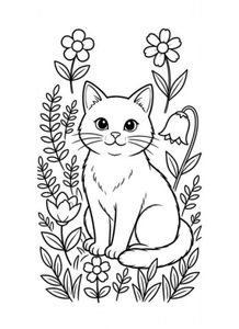 Cat and Flowers Coloring Page