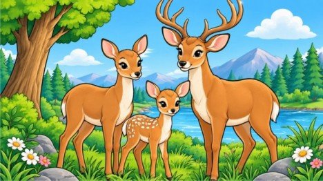 Deer coloring sheets featuring a doe, buck, and baby fawn in a forest