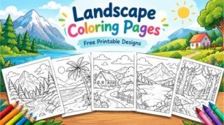 Landscape coloring pages with mountains, forests, beach, lake, and countryside scenery