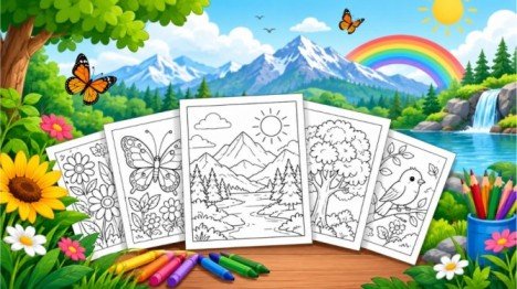 Nature coloring pages featuring mountains, trees, flowers, butterflies, and printable nature scenes